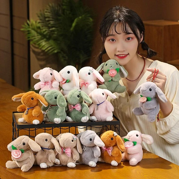 Sevimli Tavşan Peluş Anahtarlık - Çiçek Desenli Yeşil - 12cm - 3