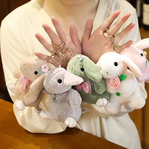 Sevimli Tavşan Peluş Anahtarlık - Çiçek Desenli Yeşil - 12cm - 10