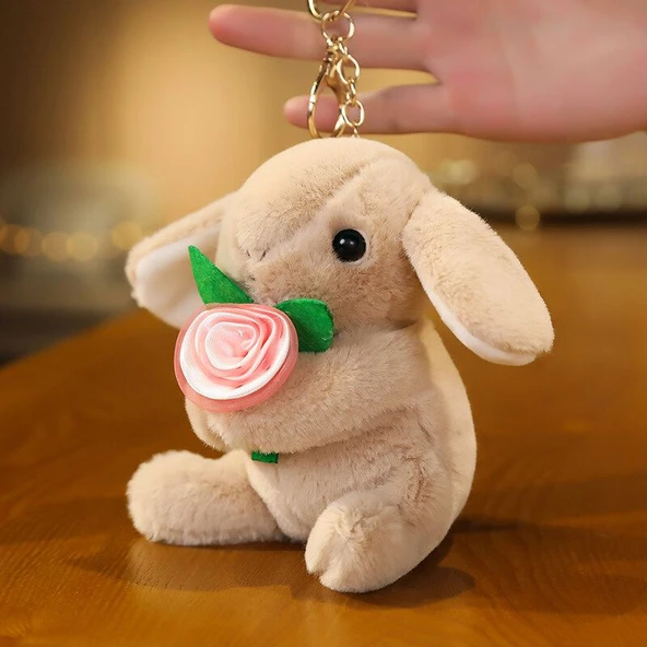 Sevimli Tavşan Peluş Anahtarlık - Çiçek Desenli Açık Kahverengi - 12cm