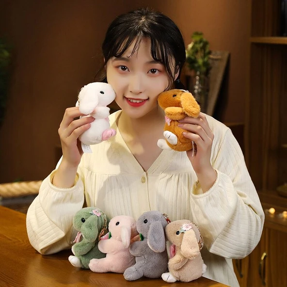 Sevimli Tavşan Peluş Anahtarlık - Çiçek Desenli Yeşil - 12cm - 9