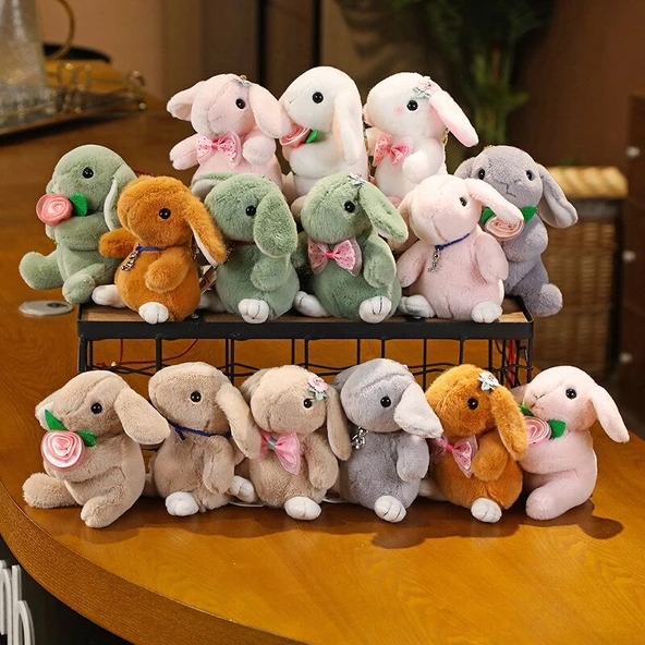 Sevimli Tavşan Peluş Anahtarlık - Çiçek Desenli Yeşil - 12cm - 11