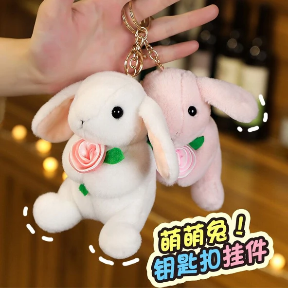 Sevimli Tavşan Peluş Anahtarlık - Çiçek Desenli Yeşil - 12cm - 4