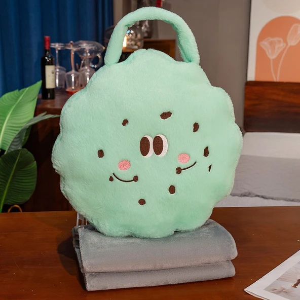 Makaron Kurabiye Peluş Yastık Battaniye - Yeşil - 45cm