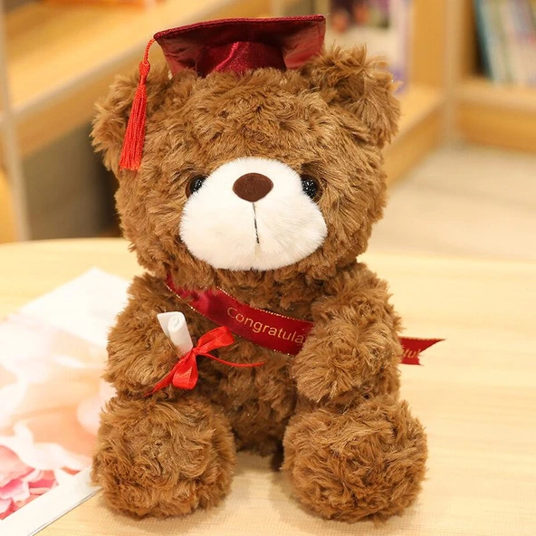 Peluş Oyuncak Ayı - Koyu Kahverengi Kırmızı Şapkalı 28cm