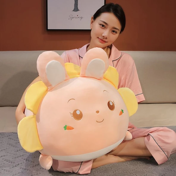 Ayçiçeği Desenli Tombul Tavşan Peluş Yastık - 35cm