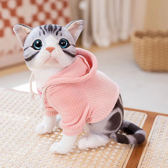 25cm Peluş Giydirilmiş Kedi Oyuncak - Gri Benekli - Pembe Kapşonlu