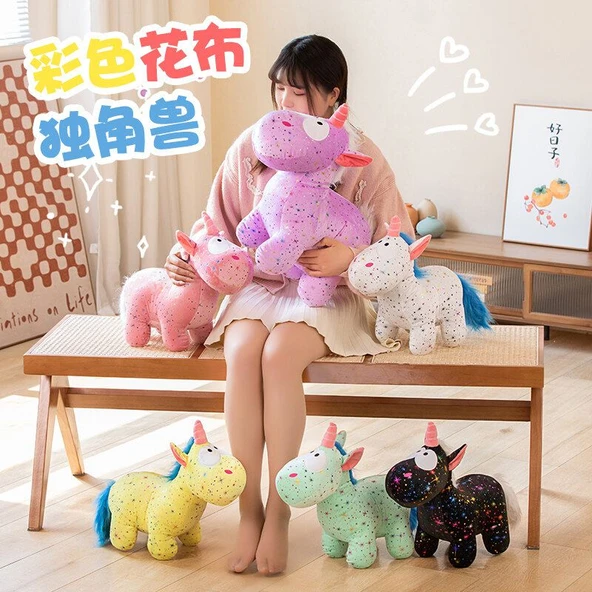 Çiçek Desenli Unicorn Peluş Oyuncak - Siyah 40cm - 2