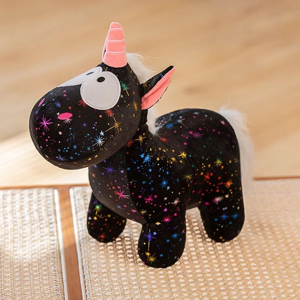 Çiçek Desenli Unicorn Peluş Oyuncak - Siyah 40cm