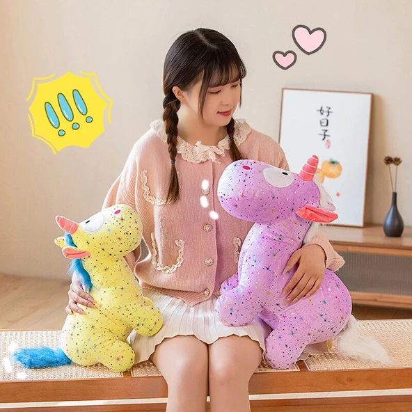 Çiçek Desenli Unicorn Peluş Oyuncak - Siyah 40cm - 4