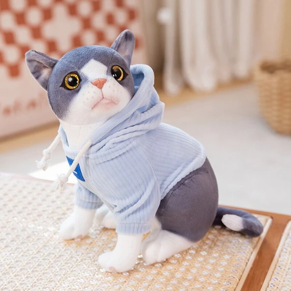 25cm Peluş Giydirilmiş Kedi Oyuncak - Gri Kedi - Mavi Kapşonlu