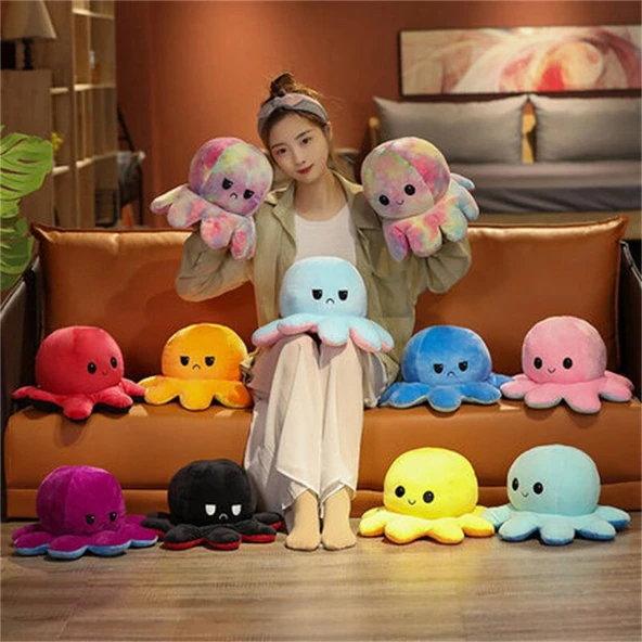 Çift Taraflı Ahtapot Peluş Oyuncak - Gökkuşağı - 20cm - 12