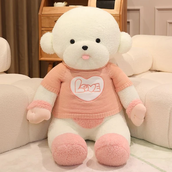 Sevimli Bichon Frise Peluş Oyuncak - İnci Beyazı Pembe, 100cm