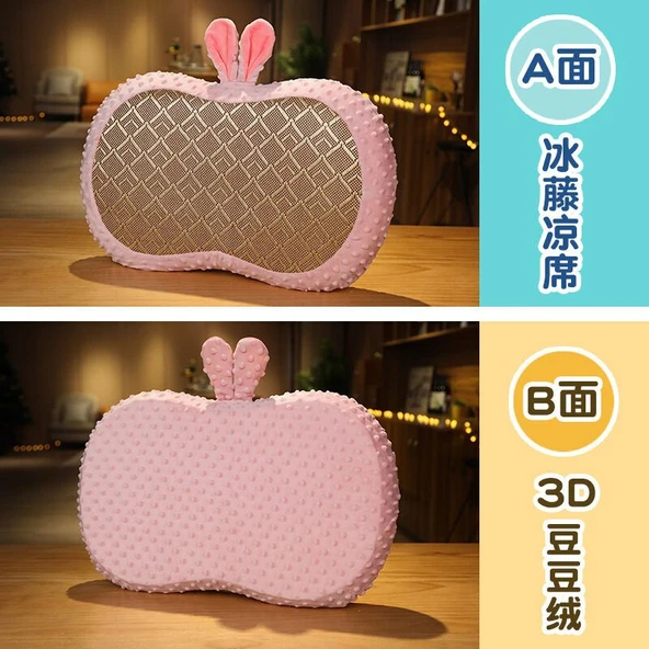 Çift Taraflı Rattan Mat Fasulye Kadife Yastık - Pembe Tavşan 35x55cm - 3