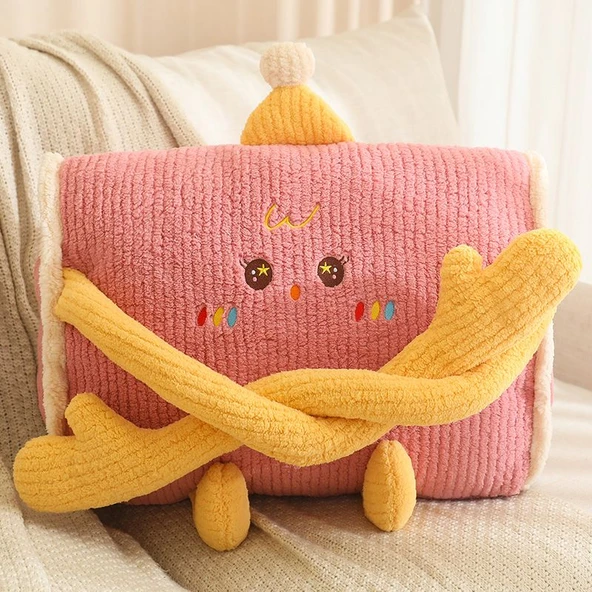 Dopamin Şapkalı Uzun Kollu Oyuncak Bebek Yastık - Pembe 48x33x20cm