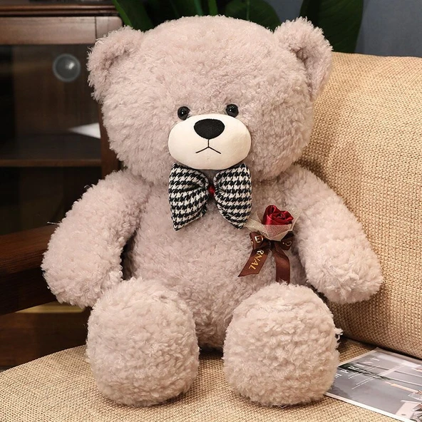 Gül Desenli Peluş Oyuncak Ayı - Açık Gri 80cm