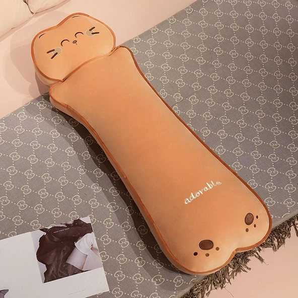 Çizgi Film Kurabiye Kedi Uzun Peluş Yastık - Gülen Kedi 60cm