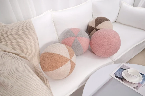 Çok Fonksiyonlu Yuvarlak Top Peluş Yastık - Süt Beyaz ve Haki - 30cm - 4
