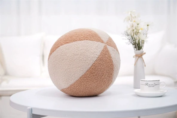 Çok Fonksiyonlu Yuvarlak Top Peluş Yastık - Süt Beyaz ve Haki - 30cm - 9