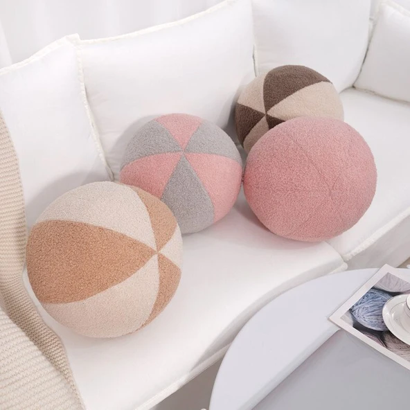 Çok Fonksiyonlu Yuvarlak Top Peluş Yastık - Süt Beyaz ve Haki - 30cm - 3