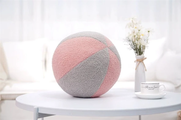 Çok Fonksiyonlu Yuvarlak Top Peluş Yastık - Süt Beyaz ve Haki - 30cm - 10