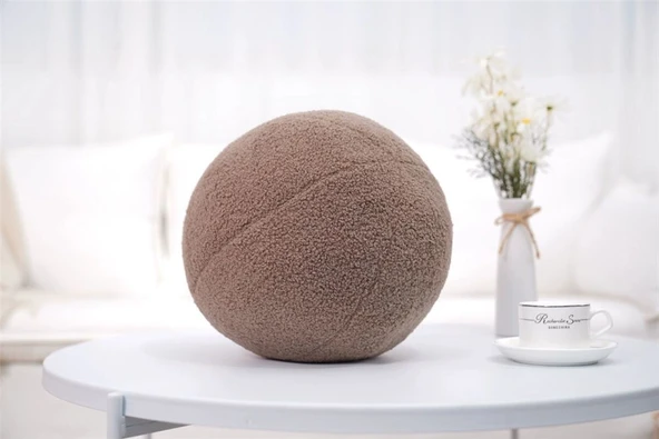 Çok Fonksiyonlu Yuvarlak Top Peluş Yastık - Süt Beyaz ve Mocha - 30cm - 8
