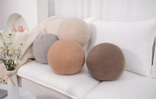 Çok Fonksiyonlu Yuvarlak Top Peluş Yastık - Süt Beyaz ve Mocha - 30cm - 5