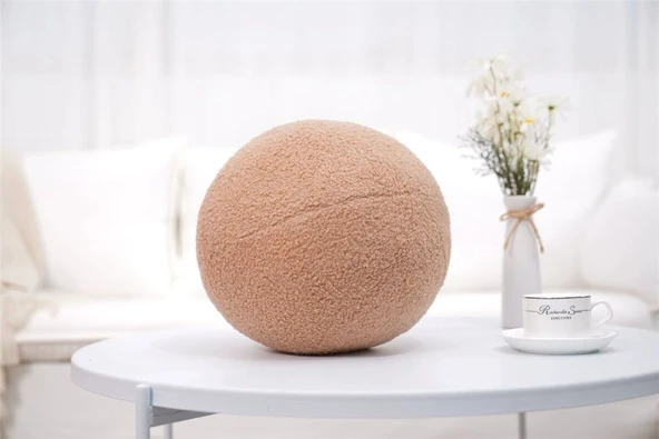 Çok Fonksiyonlu Yuvarlak Top Peluş Yastık - Süt Beyaz ve Haki - 30cm - 11