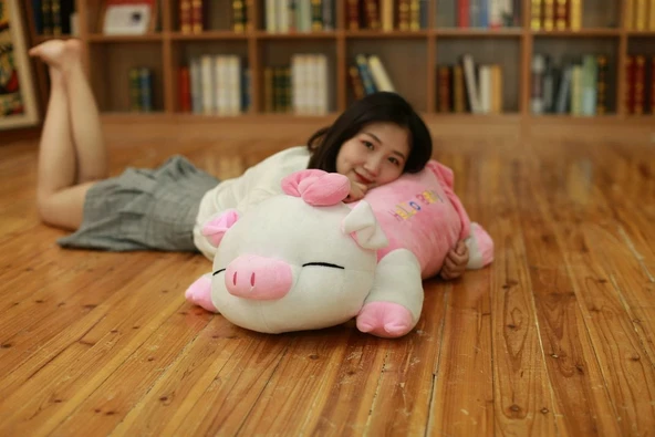 Pembe Elbiseli Peluş Domuz Yastık - 40cm - 8