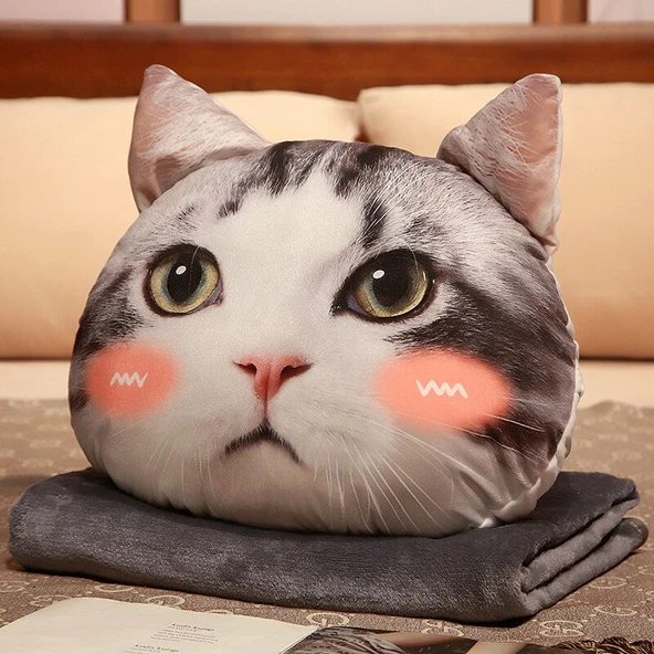 Hayvan Desenli Peluş Yastık Battaniye - Peynir Kedisi 40cm