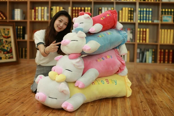 Pembe Elbiseli Peluş Domuz Yastık - 75cm - 4
