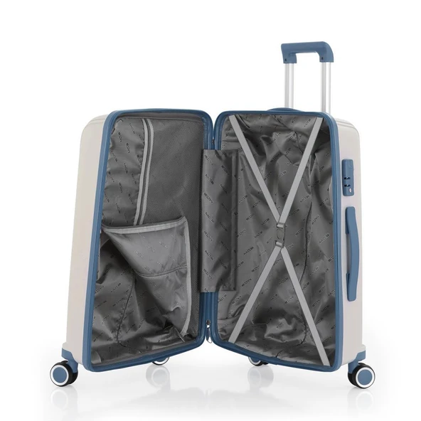 MÇS Bavul Orta ve Kabin 2li Set Kırılmaz Silikon Valiz V305 Kemik/SkyBlue - 6