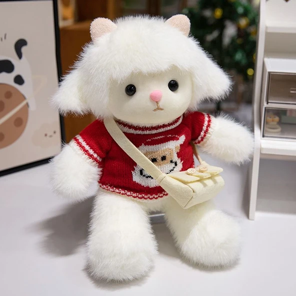 30cm Peluş Koyun Oyuncak - Kırmızı Geyik Kafası Kazak