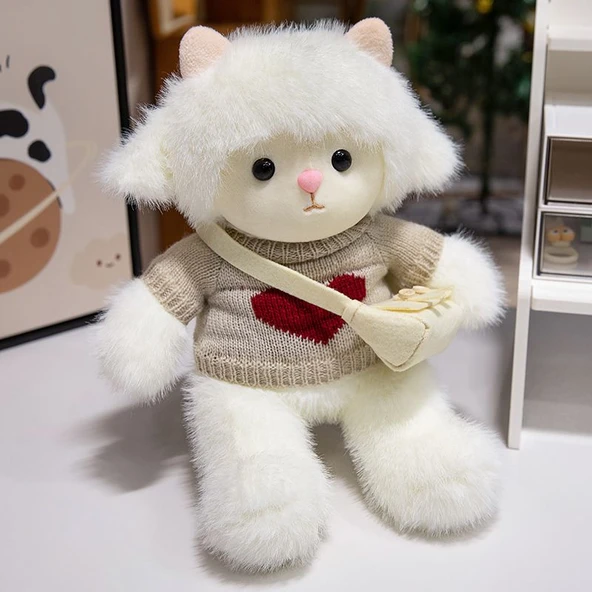 30cm Peluş Koyun Oyuncak - Gri Kalp Kazak