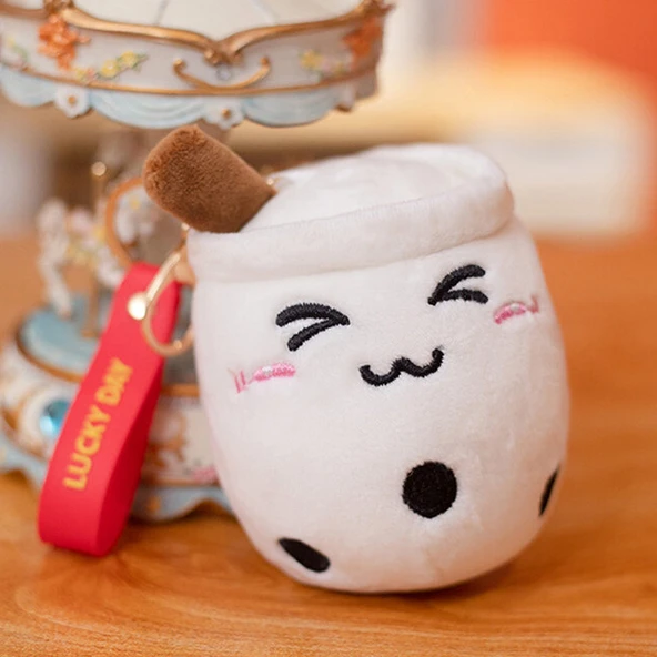 Sütlü Çay Peluş Anahtarlık - Beyaz Renk Şaşı Gözlü - 10cm