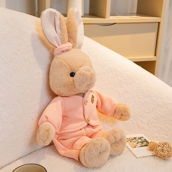 Kıyafetli Havuçlu Tavşan Peluş Oyuncak - Kahverengi Tavşan Pembe Kıyafetli - 58cm