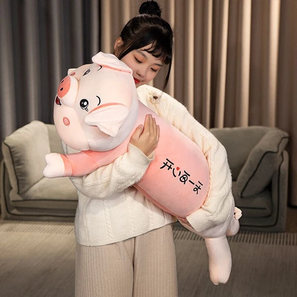Sevimli Domuz Peluş Yastık - Pembe 100cm