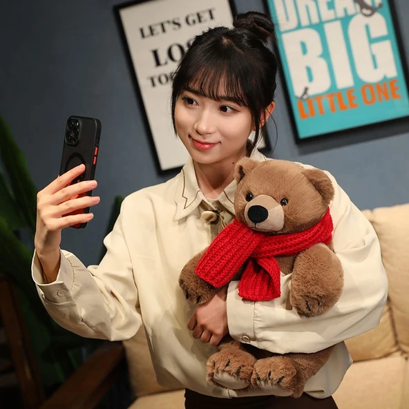 Kahverengi Ayıcık - Kırmızı Atkılı Peluş Oyuncak - 33cm - Resim 8