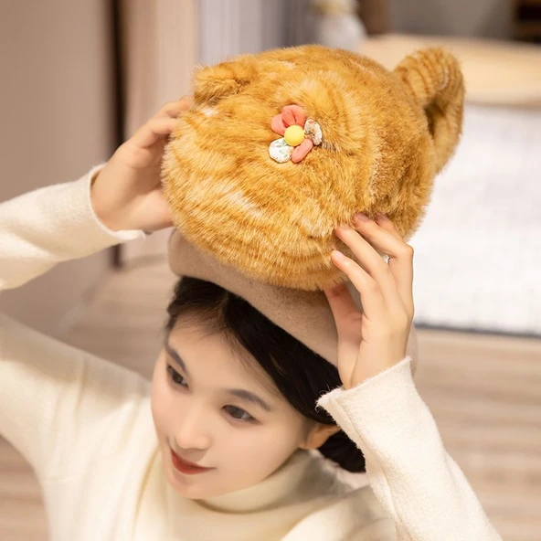 Desenli Kedi Peluş Yastık - Sarı 18*15*30cm - 6