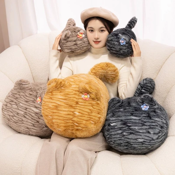Desenli Kedi Peluş Yastık - Sarı 18*15*30cm - 12