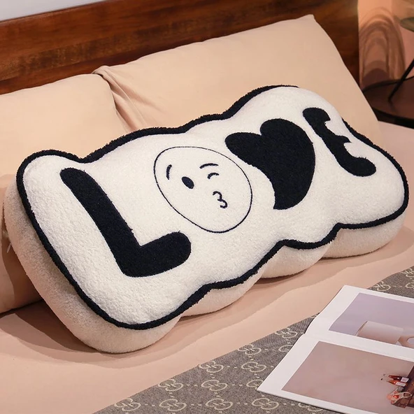Teddy Peluş Aşk Yastığı - Beyaz LOVE Siyah Yazı - 80cm