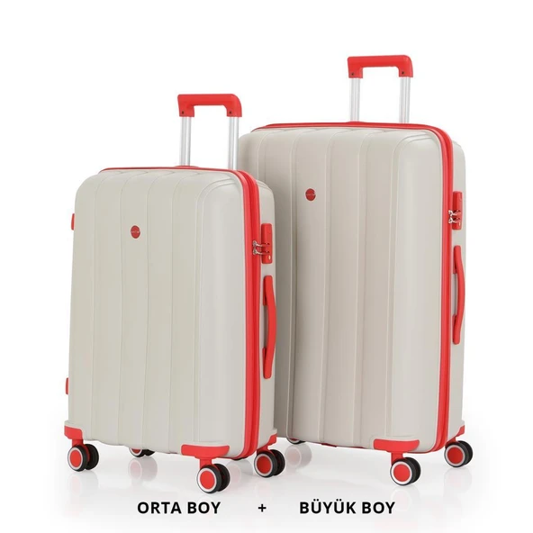 MÇS Bavul Büyük ve Orta 2li Set Kırılmaz Silikon Valiz V305 Kemik/Mercan