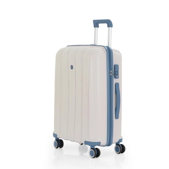 MÇS Bavul Büyük ve Orta 2li Set Kırılmaz Silikon Valiz V305 Kemik/SkyBlue - 5