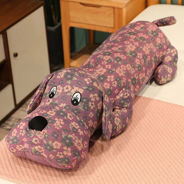 Üç Katlı Gazlı Yatan Köpek Peluş Yastık Bebek - Çiçekli Desen Mor - 95cm