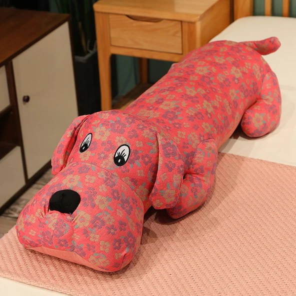 Üç Katlı Gazlı Yatan Köpek Peluş Yastık Bebek - Çiçekli Desen Mor - 95cm - 6