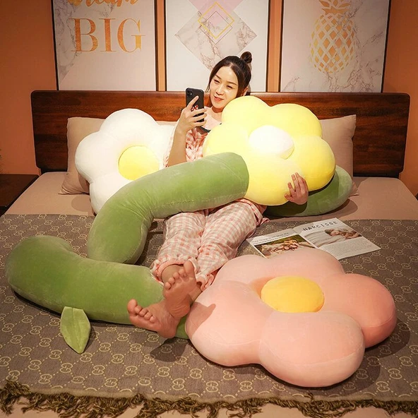 Çiçek Tasarımlı Uzun Peluş Yastık - Pembe Normal - 130cm - 9