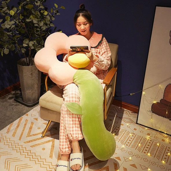 Çiçek Tasarımlı Uzun Peluş Yastık - Pembe Normal - 70cm - 12