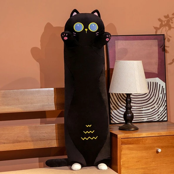 Uzun Uyku Arkadaşı Kedi Peluş Yastık - Siyah 90cm - 1