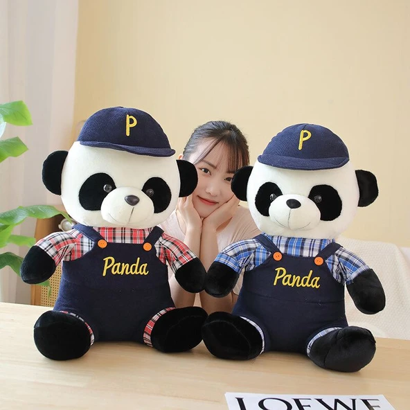 Askılı Panda Peluş Oyuncak - Kırmızı Ekose - 50cm - 10