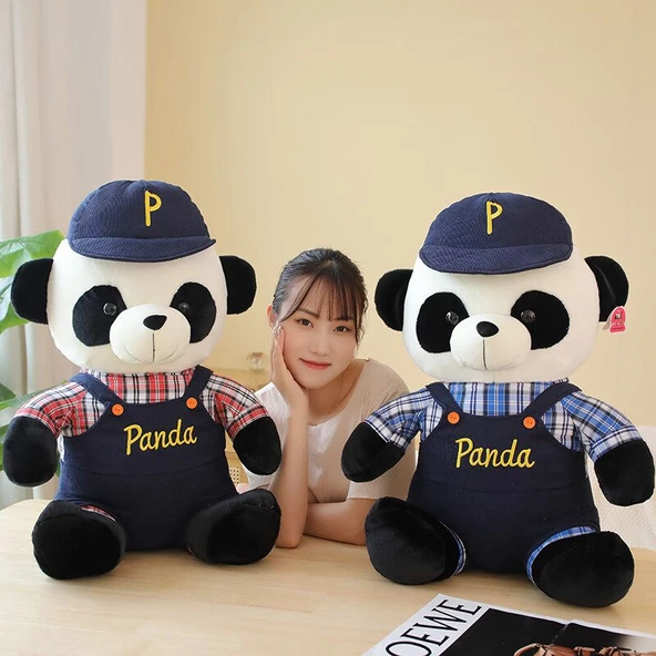 Askılı Panda Peluş Oyuncak - Kırmızı Ekose - 50cm - 3