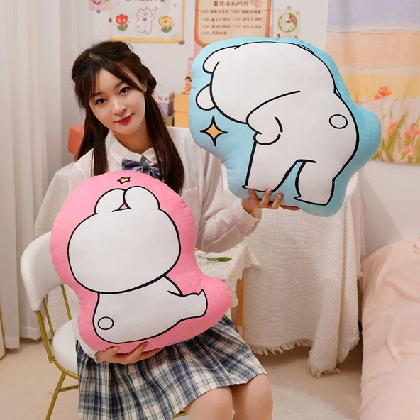 Sevimli Tavşan Baskılı Peluş Yastık - Pembe Çene, 10cm Anahtarlık - 2